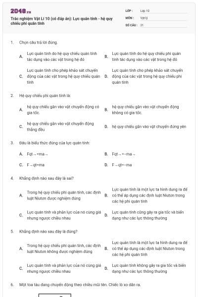 Trắc nghiệm Vật Lí 10 (có đáp án): Lực quán tính - hệ quy chiếu phi quán tính