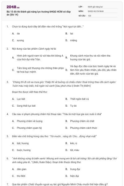Bộ 15 đề thi Đánh giá năng lực trường ĐHQG HCM có đáp án (Đề 14)
