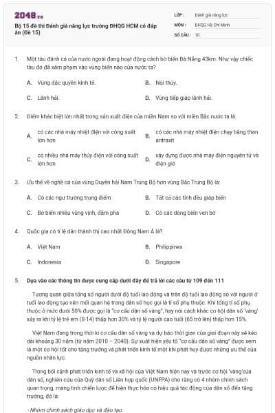 Bộ 15 đề thi Đánh giá năng lực trường ĐHQG HCM có đáp án (Đề 15)