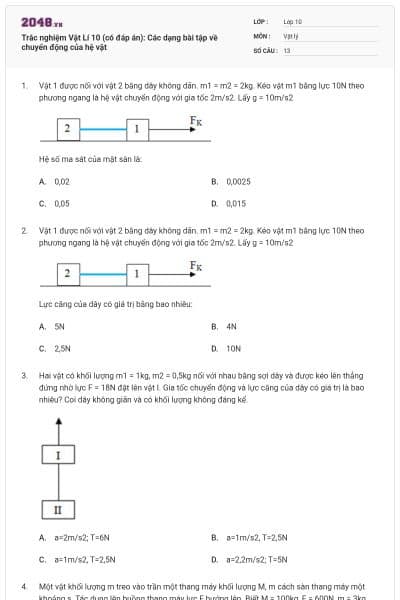 Trắc nghiệm Vật Lí 10 (có đáp án): Các dạng bài tập về chuyển động của hệ vật