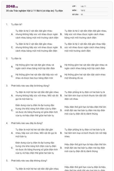 35 câu Trắc nghiệm Vật Lí 11 Bài 6 (có đáp án): Tụ điện