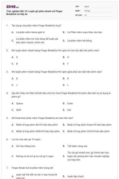 Trắc nghiệm Bài 10: Luyện gõ phím nhanh với Finger BreakOut có đáp án