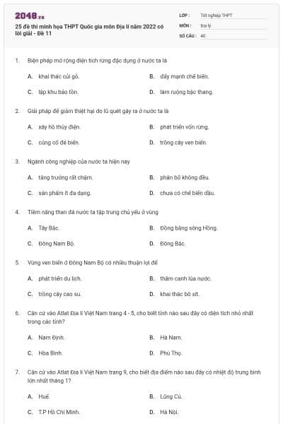 25 đề thi minh họa THPT Quốc gia môn Địa lí năm 2022 có lời giải - Đề 11