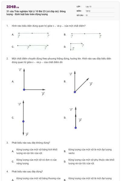 31 câu Trắc nghiệm Vật Lí 10 Bài 23 (có đáp án): Đông lượng - Định luật bảo toàn động lượng