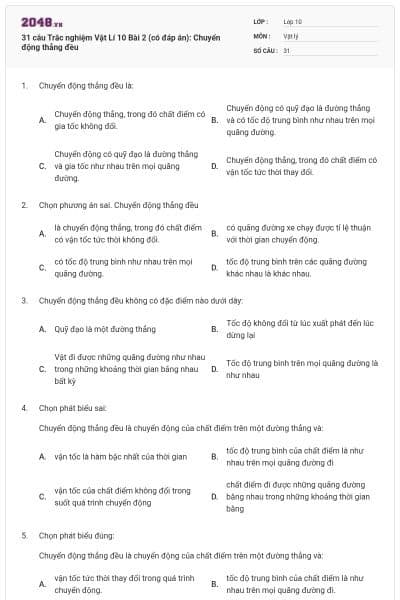 31 câu Trắc nghiệm Vật Lí 10 Bài 2 (có đáp án): Chuyển động thẳng đều