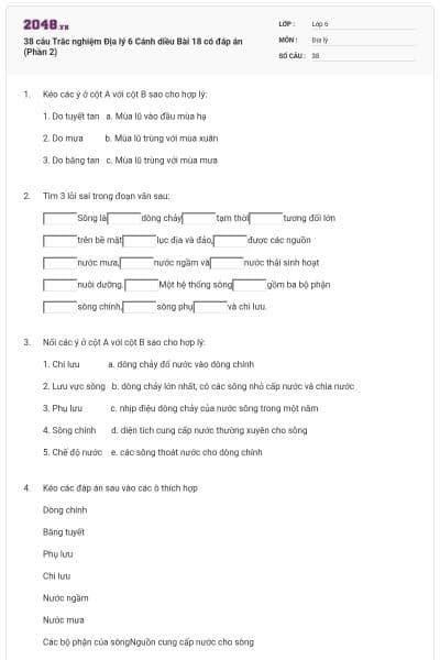 38 câu Trắc nghiệm Địa lý 6 Cánh diều Bài 18 có đáp án (Phần 2)