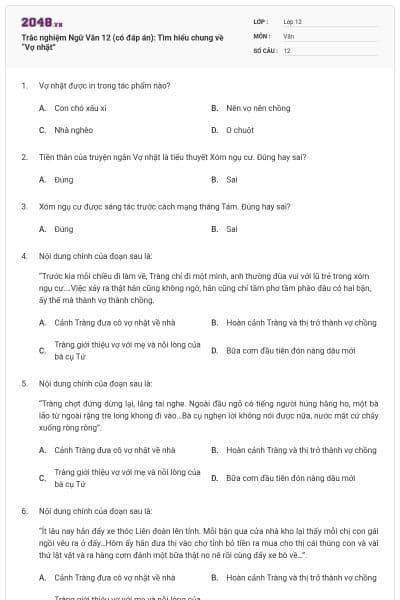 Trắc nghiệm Ngữ Văn 12 (có đáp án): Tìm hiểu chung về “Vợ nhặt”