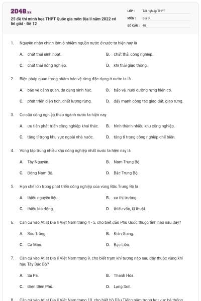 25 đề thi minh họa THPT Quốc gia môn Địa lí năm 2022 có lời giải - Đề 12