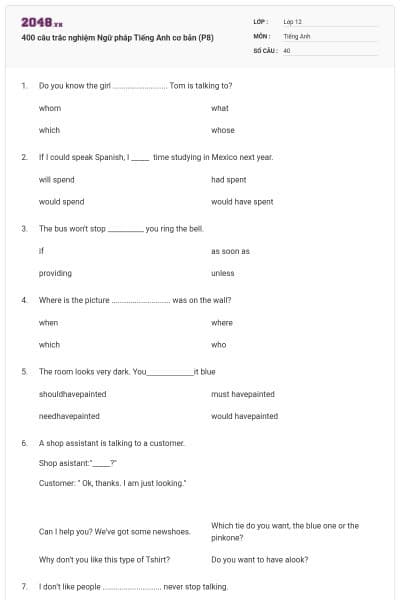 400 câu trắc nghiệm Ngữ pháp Tiếng Anh cơ bản (P8)