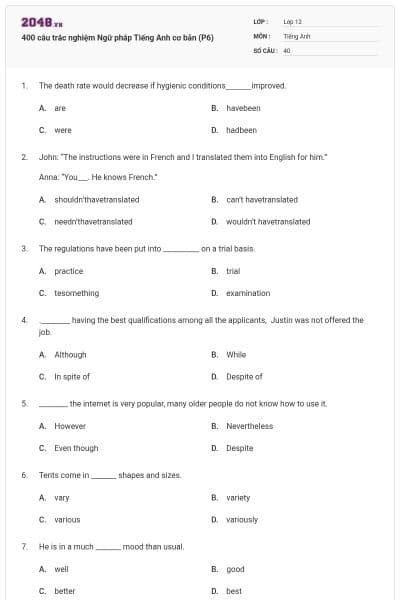 400 câu trắc nghiệm Ngữ pháp Tiếng Anh cơ bản (P6)