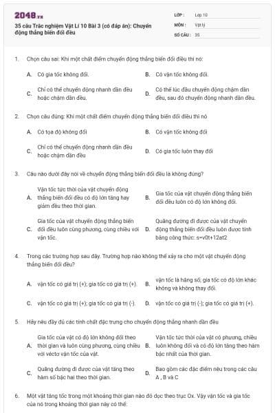 35 câu Trắc nghiệm Vật Lí 10 Bài 3 (có đáp án): Chuyển động thẳng biến đổi đều