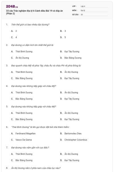 33 câu Trắc nghiệm Địa lý 6 Cánh diều Bài 19 có đáp án (Phần 2)