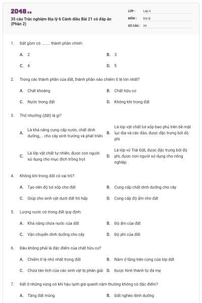 35 câu Trắc nghiệm Địa lý 6 Cánh diều Bài 21 có đáp án (Phần 2)
