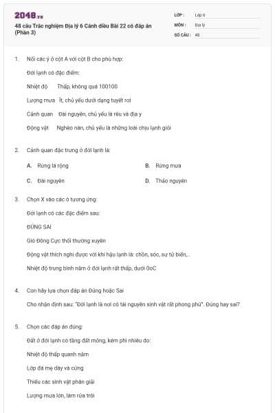 48 câu Trắc nghiệm Địa lý 6 Cánh diều Bài 22 có đáp án (Phần 3)