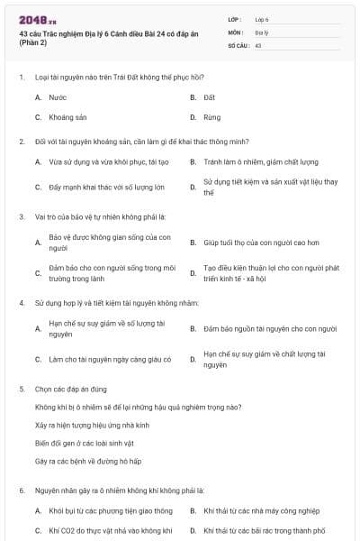43 câu Trắc nghiệm Địa lý 6 Cánh diều Bài 24 có đáp án (Phần 2)