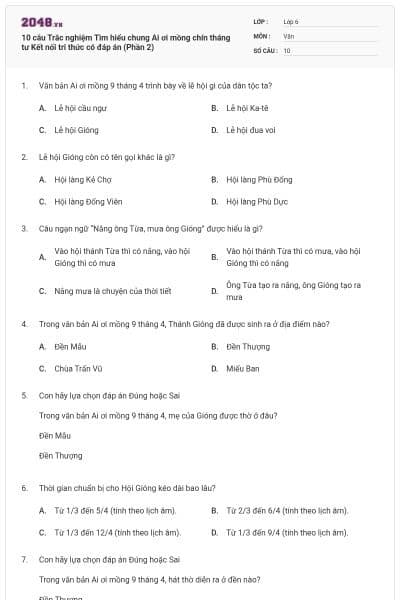 10 câu Trắc nghiệm Tìm hiểu chung Ai ơi mồng chín tháng tư Kết nối tri thức có đáp án (Phần 2)