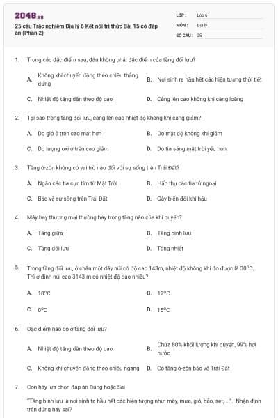 25 câu Trắc nghiệm Địa lý 6 Kết nối tri thức Bài 15 có đáp án (Phần 2)