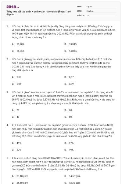 Tổng hợp bài tập amin – amino axit hay và khó (Phần 1) có đáp án