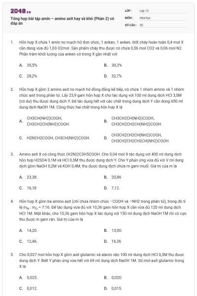 Tổng hợp bài tập amin – amino axit hay và khó (Phần 2) có đáp án