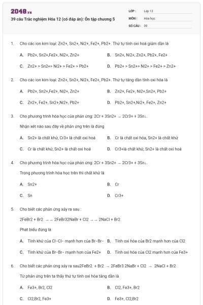39 câu Trắc nghiệm Hóa 12 (có đáp án): Ôn tập chương 5