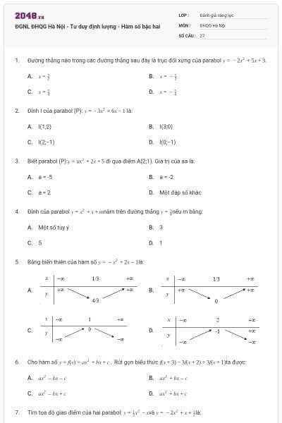 ĐGNL ĐHQG Hà Nội - Tư duy định lượng - Hàm số bậc hai