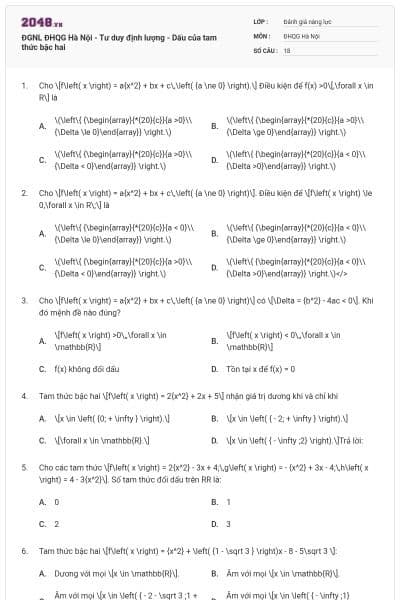 ĐGNL ĐHQG Hà Nội - Tư duy định lượng - Dấu của tam thức bậc hai