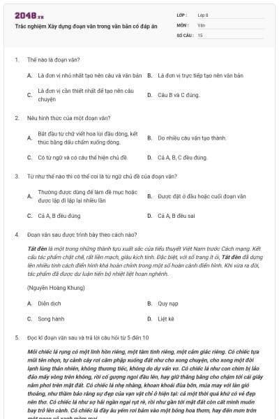 Trắc nghiệm Xây dựng đoạn văn trong văn bản có đáp án