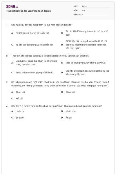 Trắc nghiệm: Ôn tập văn miêu tả có đáp án