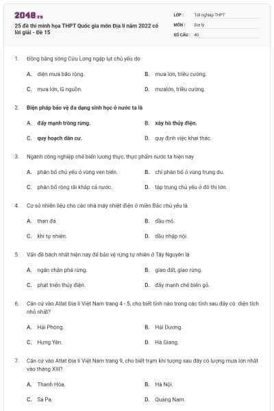 25 đề thi minh họa THPT Quốc gia môn Địa lí năm 2022 có lời giải - Đề 15