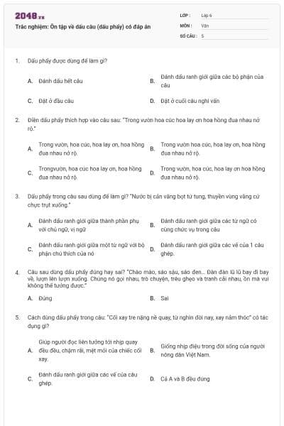 Trắc nghiệm: Ôn tập về dấu câu (dấu phẩy) có đáp án