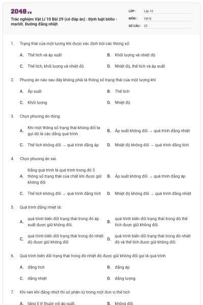 Trắc nghiệm Vật Lí 10 Bài 29 (có đáp án) : Định luật bôilơ - mariốt. Đường đẳng nhiệt