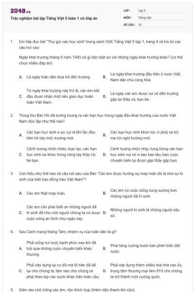 Trắc nghiệm bài tập Tiếng Việt 5 tuần 1 có đáp án