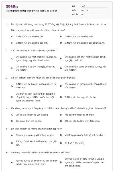 Trắc nghiệm bài tập Tiếng Việt 5 tuần 3 có đáp án