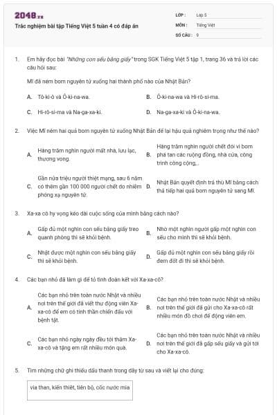 Trắc nghiệm bài tập Tiếng Việt 5 tuần 4 có đáp án