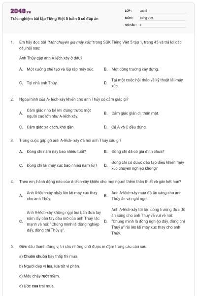 Trắc nghiệm bài tập Tiếng Việt 5 tuần 5 có đáp án