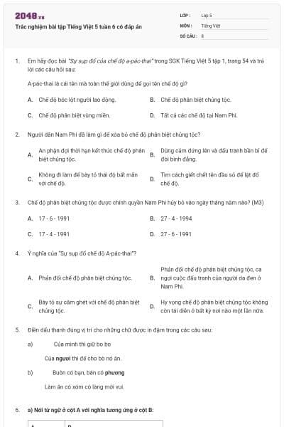 Trắc nghiệm bài tập Tiếng Việt 5 tuần 6 có đáp án