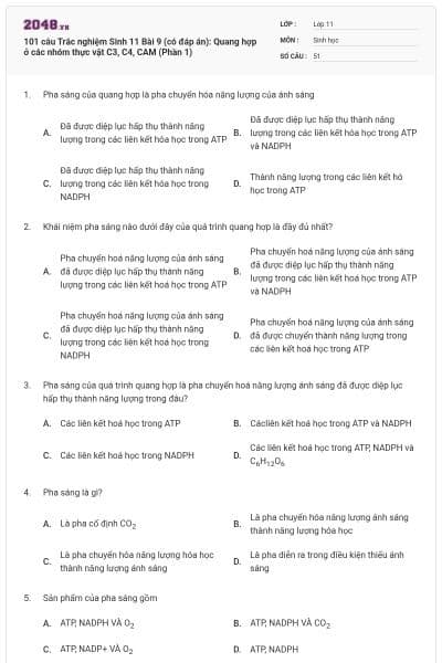 101 câu Trắc nghiệm Sinh 11 Bài 9 (có đáp án): Quang hợp ở các nhóm thực vật C3, C4, CAM (Phần 1)