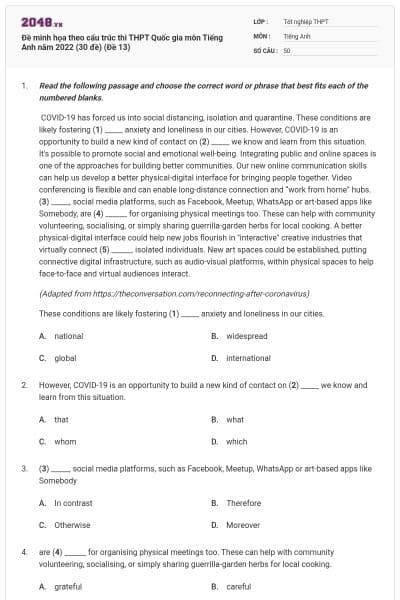 Đề minh họa theo cấu trúc thi THPT Quốc gia môn Tiếng Anh năm 2022 (30 đề) (Đề 13)