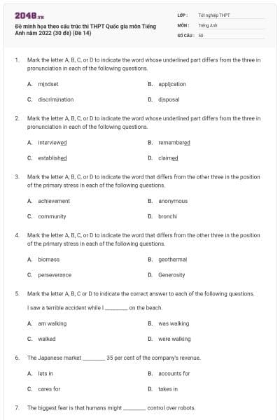 Đề minh họa theo cấu trúc thi THPT Quốc gia môn Tiếng Anh năm 2022 (30 đề) (Đề 14)