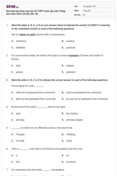 Đề minh họa theo cấu trúc thi THPT Quốc gia môn Tiếng Anh năm 2022 (30 đề) (Đề 16)