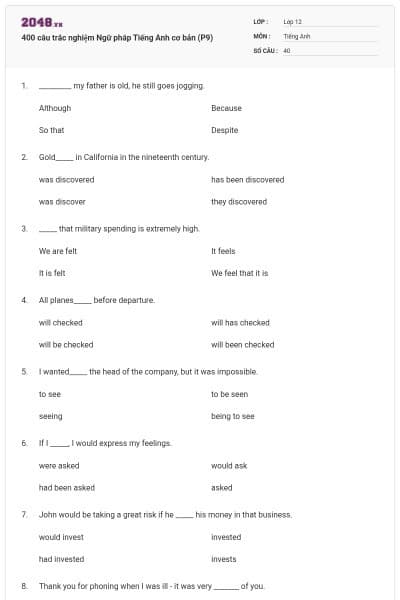 400 câu trắc nghiệm Ngữ pháp Tiếng Anh cơ bản (P9)