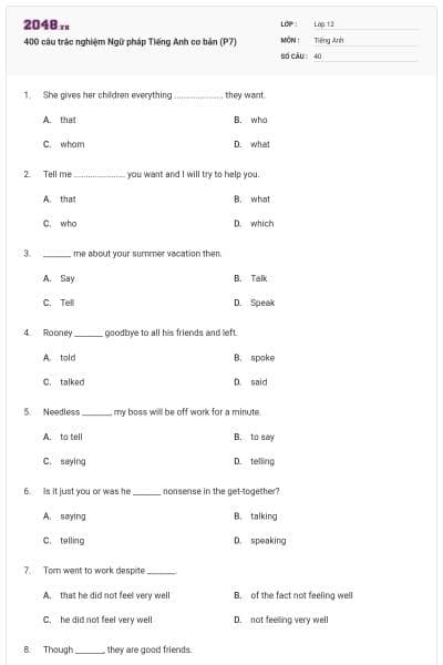 400 câu trắc nghiệm Ngữ pháp Tiếng Anh cơ bản (P7)
