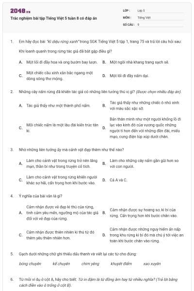 Trắc nghiệm bài tập Tiếng Việt 5 tuần 8 có đáp án