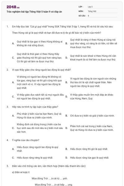 Trắc nghiệm bài tập Tiếng Việt 5 tuần 9 có đáp án