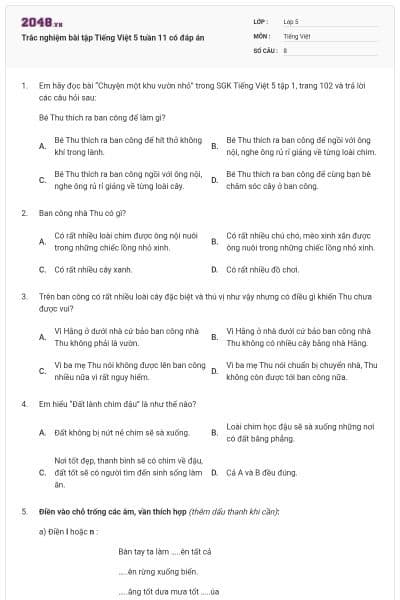 Trắc nghiệm bài tập Tiếng Việt 5 tuần 11 có đáp án