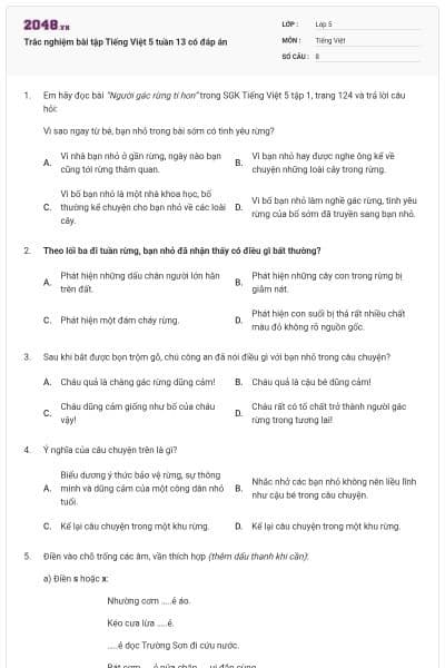 Trắc nghiệm bài tập Tiếng Việt 5 tuần 13 có đáp án