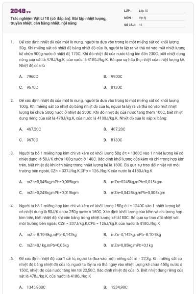 Trắc nghiệm Vật Lí 10 (có đáp án): Bài tập nhiệt lượng, truyền nhiệt, cân bằng nhiệt, nội năng