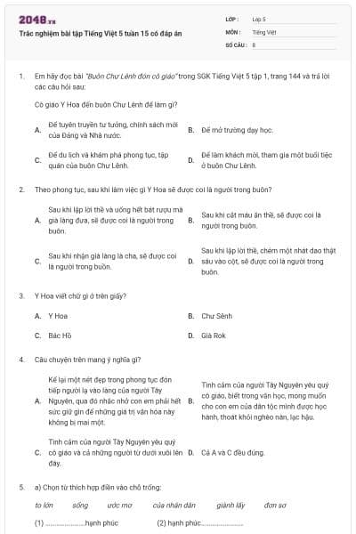 Trắc nghiệm bài tập Tiếng Việt 5 tuần 15 có đáp án