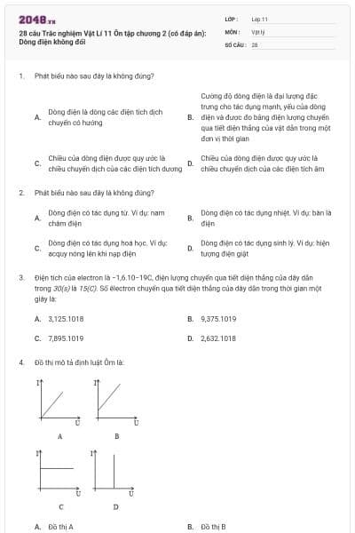 28 câu Trắc nghiệm Vật Lí 11 Ôn tập chương 2 (có đáp án): Dòng điện không đổi