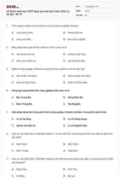 25 đề thi minh họa THPT Quốc gia môn Địa lí năm 2022 có lời giải - Đề 19